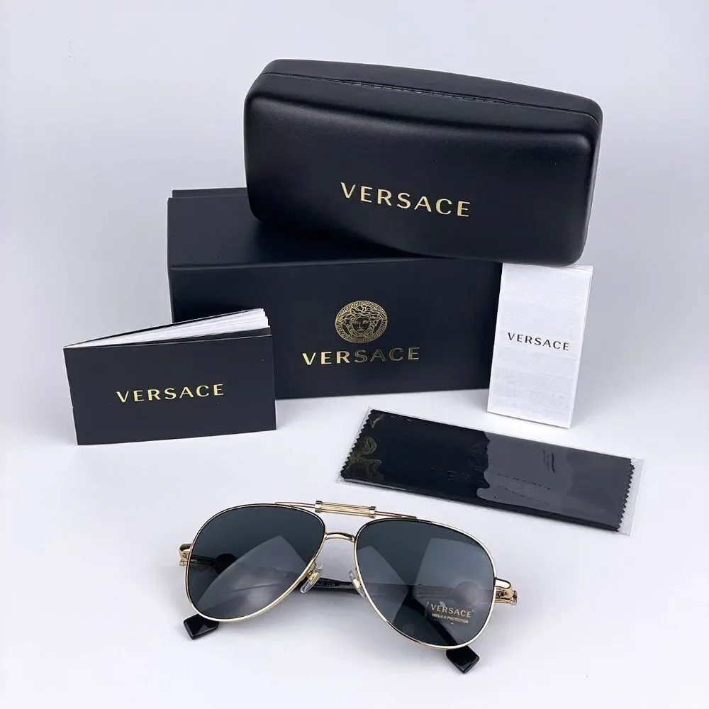 NEW Versace VE2236 100287 Gold Dark Gray Pilot Metal Unisex Sunglasses